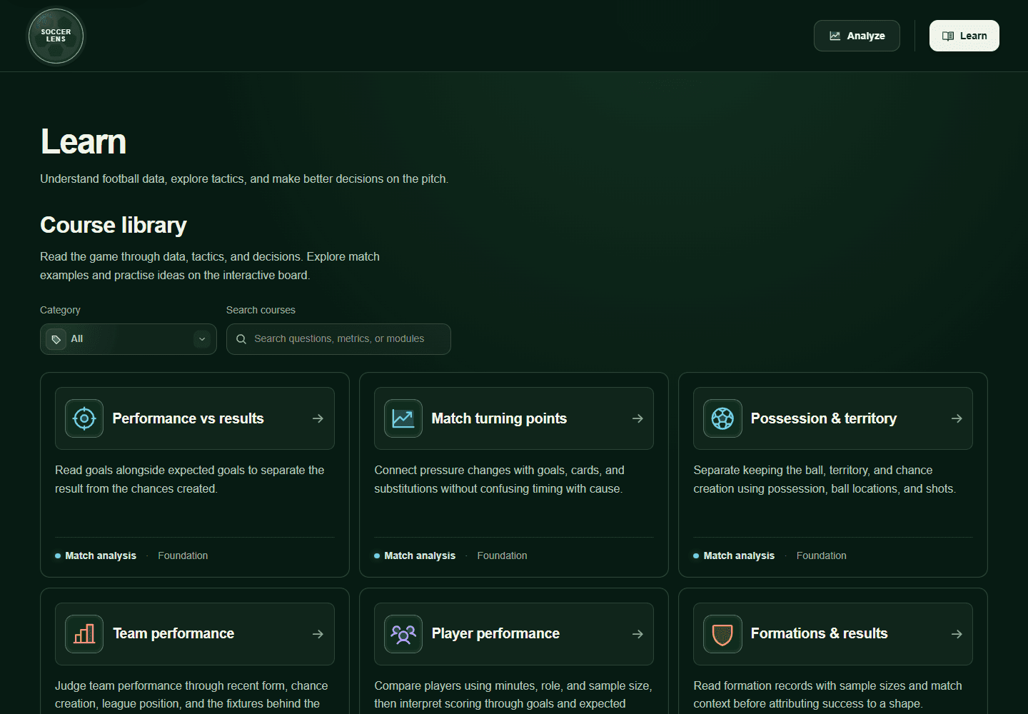 Soccer Aperture learning library with searchable course cards