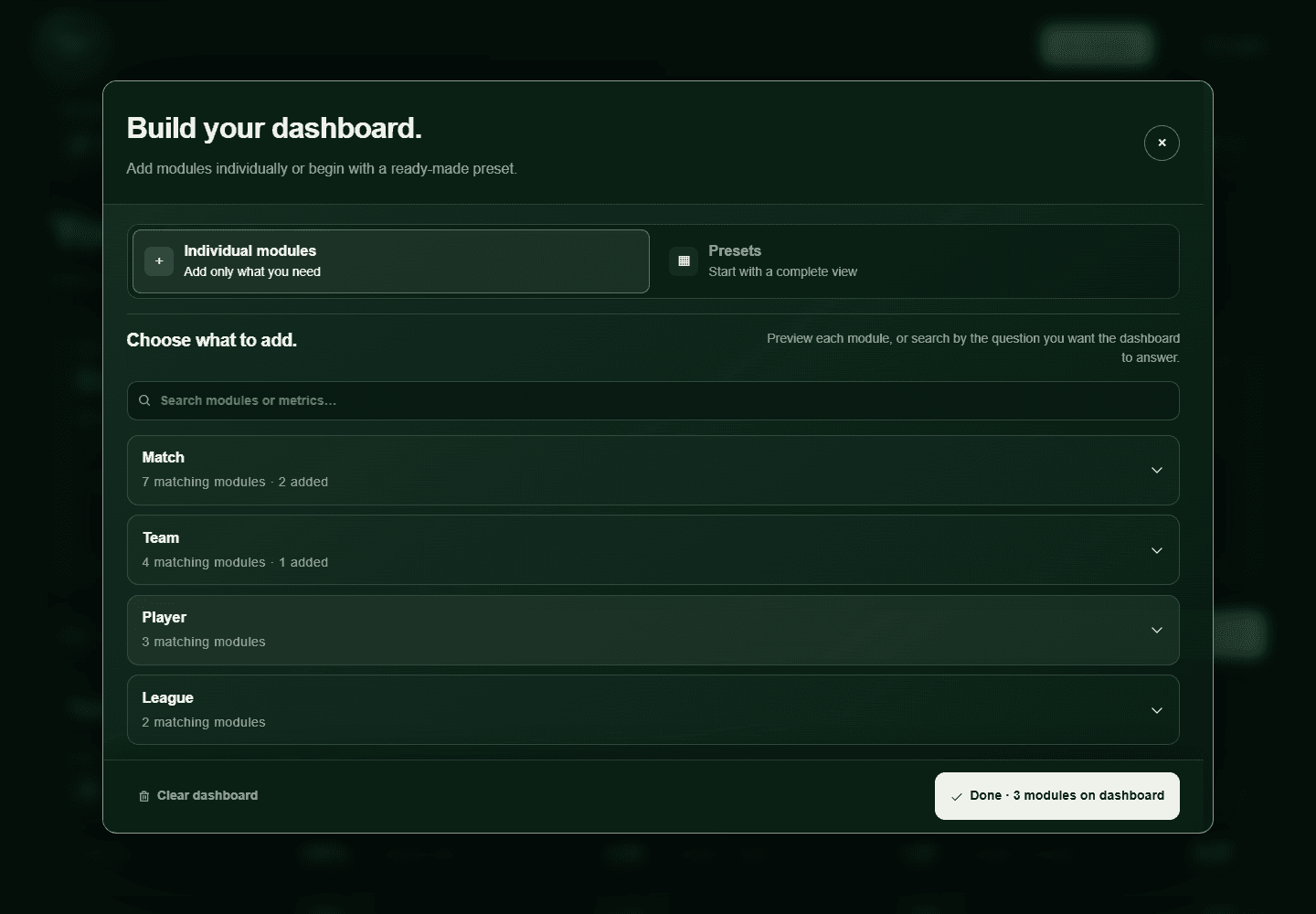 Soccer Aperture module library grouped into Match, Team, Player, and League categories