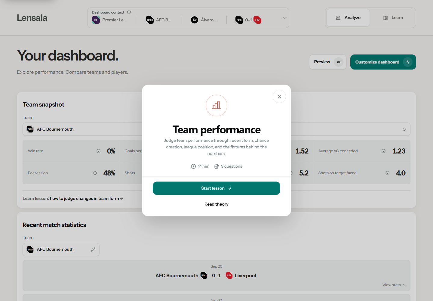 Lensala Team performance course preview opened above the dashboard from a Team snapshot lesson link