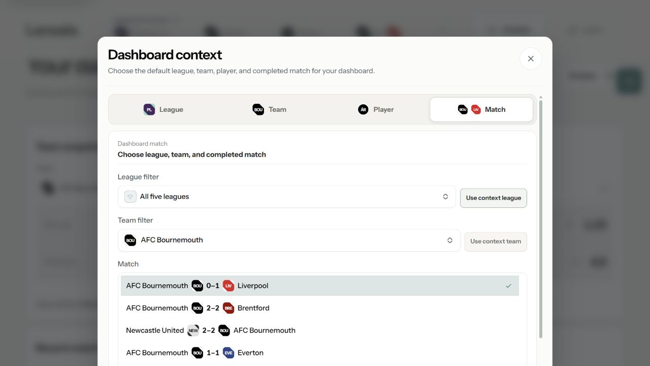 Lensala Dashboard context with the Match tab selected, league and team filters, and completed matches showing both clubs and scores
