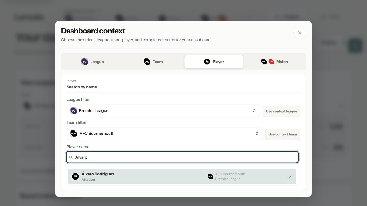 Lensala Dashboard context with the Player tab selected, league and team filters, and an Álvaro Rodríguez search result with position and club details