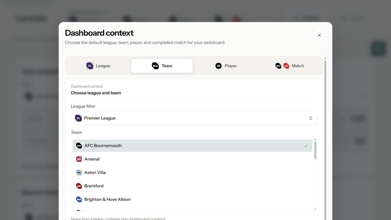 Lensala Dashboard context with the Team tab selected, a Premier League filter, and a browsable club list