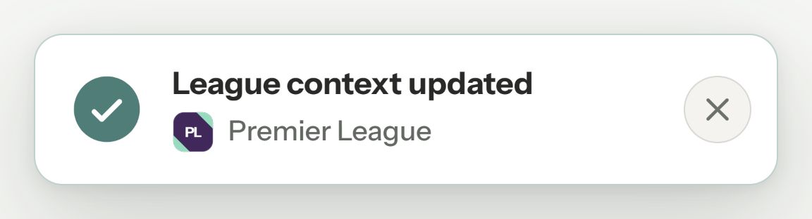 Lensala pop-up confirming League context updated to Premier League