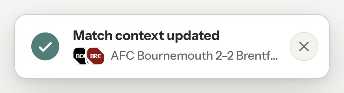 Lensala pop-up confirming Match context updated to AFC Bournemouth 2–2 Brentford