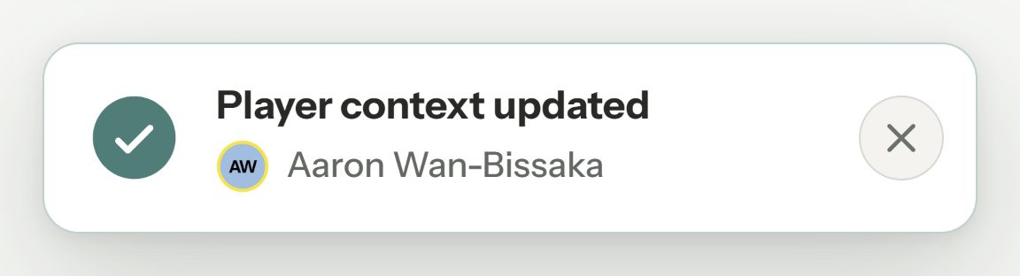Lensala pop-up confirming Player context updated to Aaron Wan-Bissaka