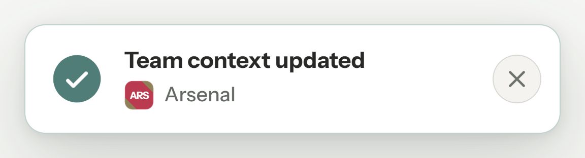 Lensala pop-up confirming Team context updated to Arsenal