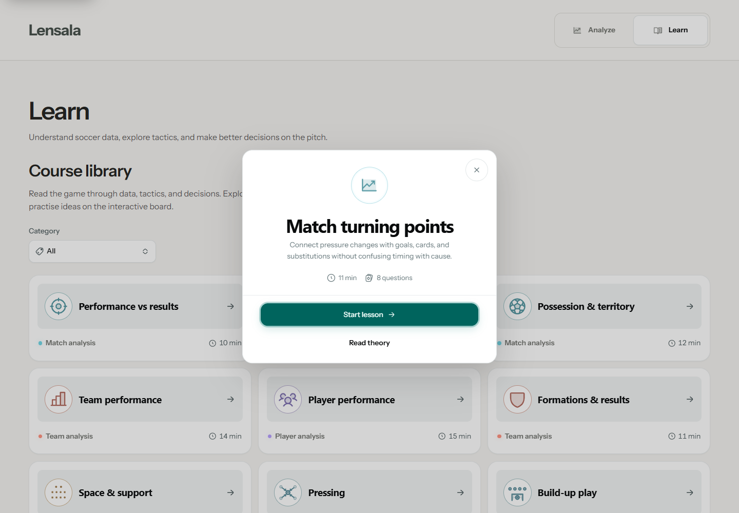 Lensala Match turning points course preview with duration, question count, Start lesson and Read theory