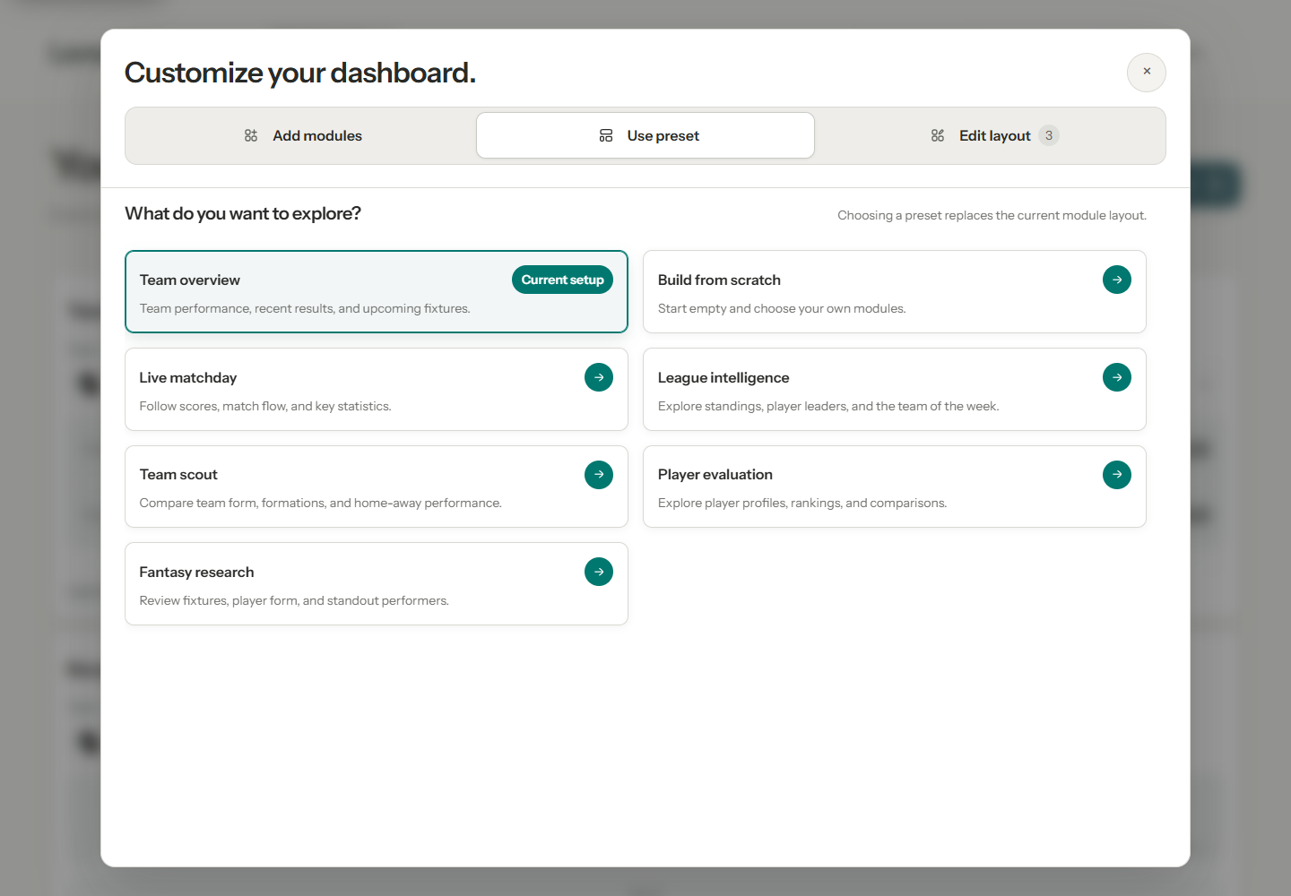 Lensala Use preset tab showing goal-based dashboard layouts and the replacement notice