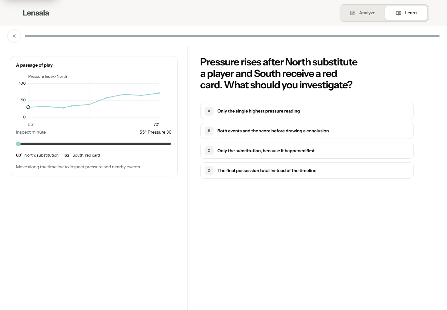 Lensala lesson asking the learner to interpret pressure changes alongside match events