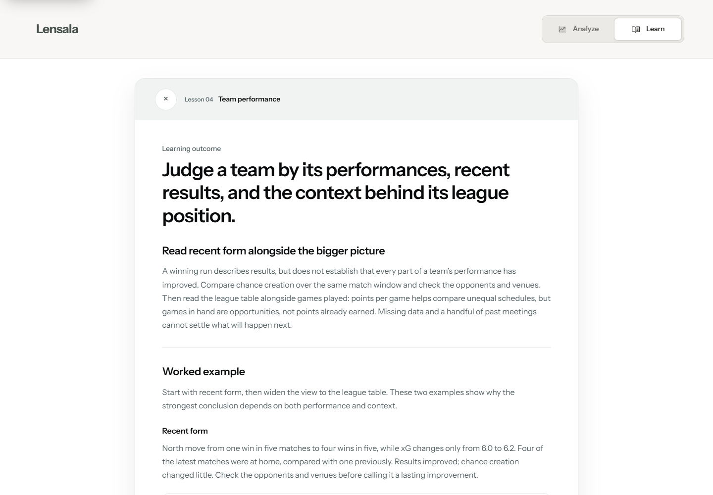 Lensala Team performance theory page with a learning outcome, concept explanation and worked examples