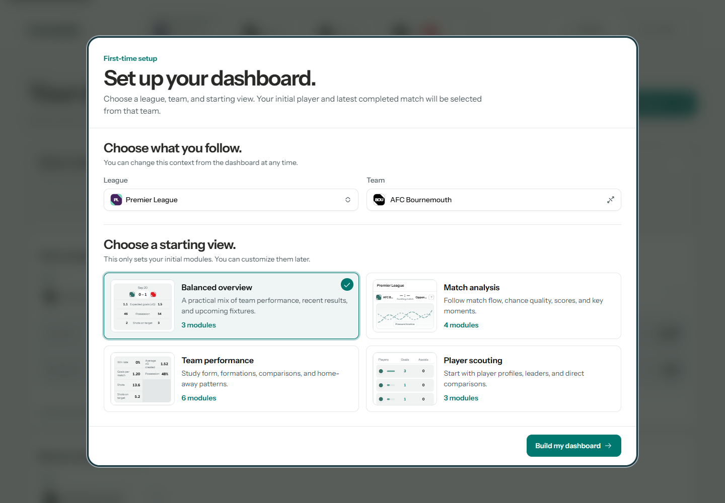 Lensala first-time setup showing league and team selectors and four starting dashboard goals